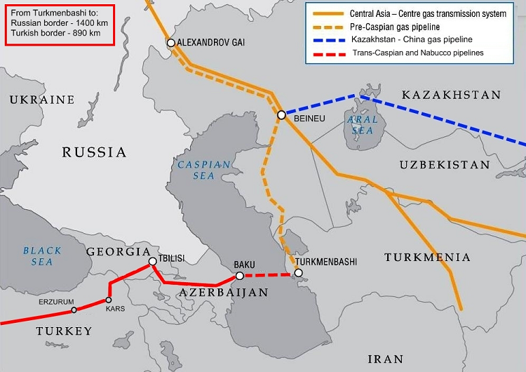باللون الأحمر... أحد خطوط الغاز المقترحة لنقل الغاز الروسي عبر بحر قزوين ومن ثم عبر تركيا باتجاه أوروبا