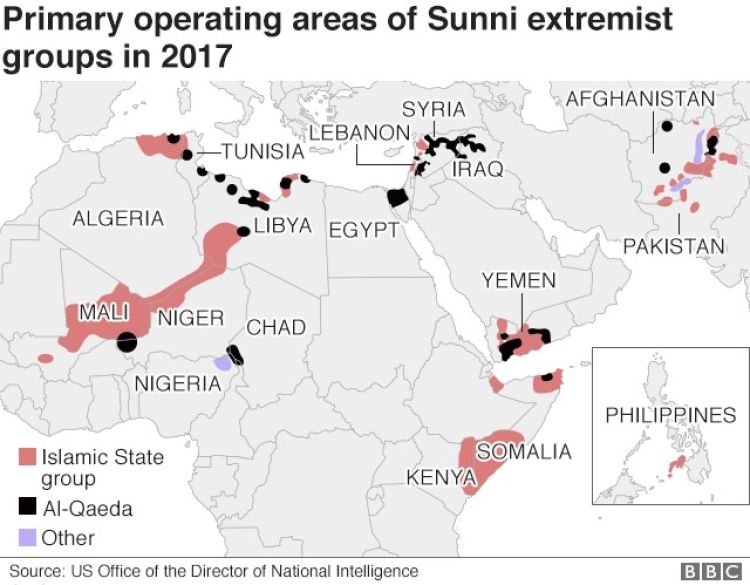 خريطة نشاط داعش والقاعدة/ المصدر &quot;بي بي سي&quot;
