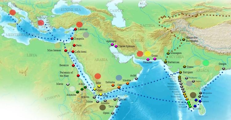 خطوط حركة القوافل التجارية في القرن الميلادي الأول عبر طريق التوابل